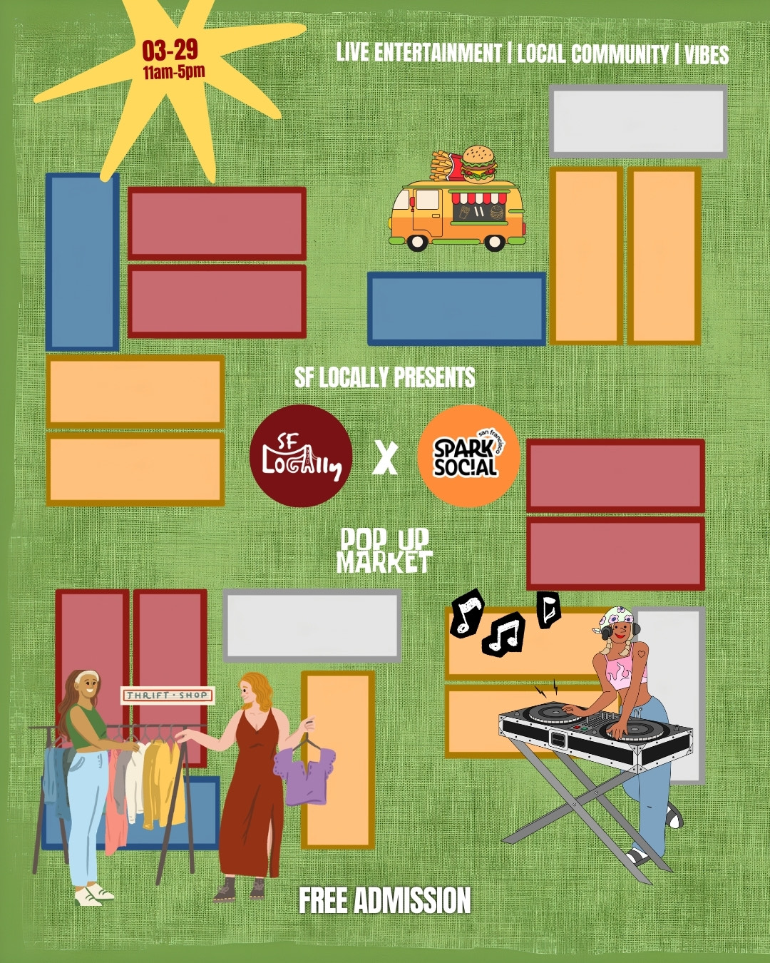 SF Locally x Spark Social official event poster for March 29 at Spark Social SF in Mission Bay.